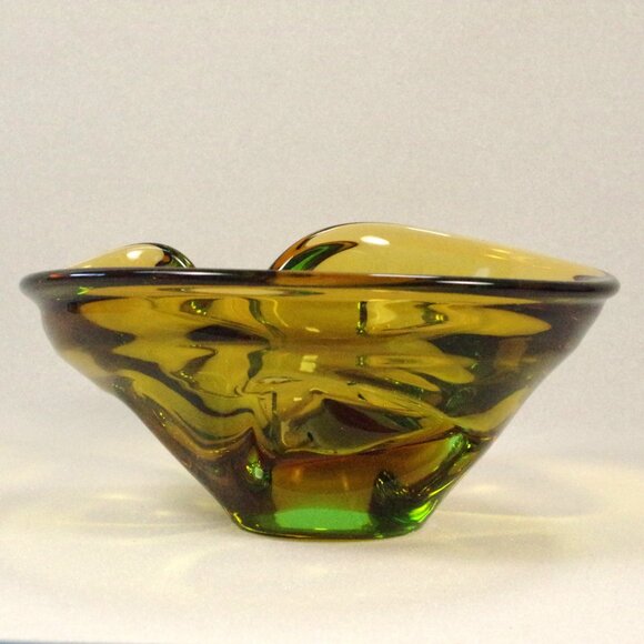 Vintage Skrdlovice Czech Bohemian Art Glass Green and Amber Bowl Cased Glass - Picture 4 of 7
